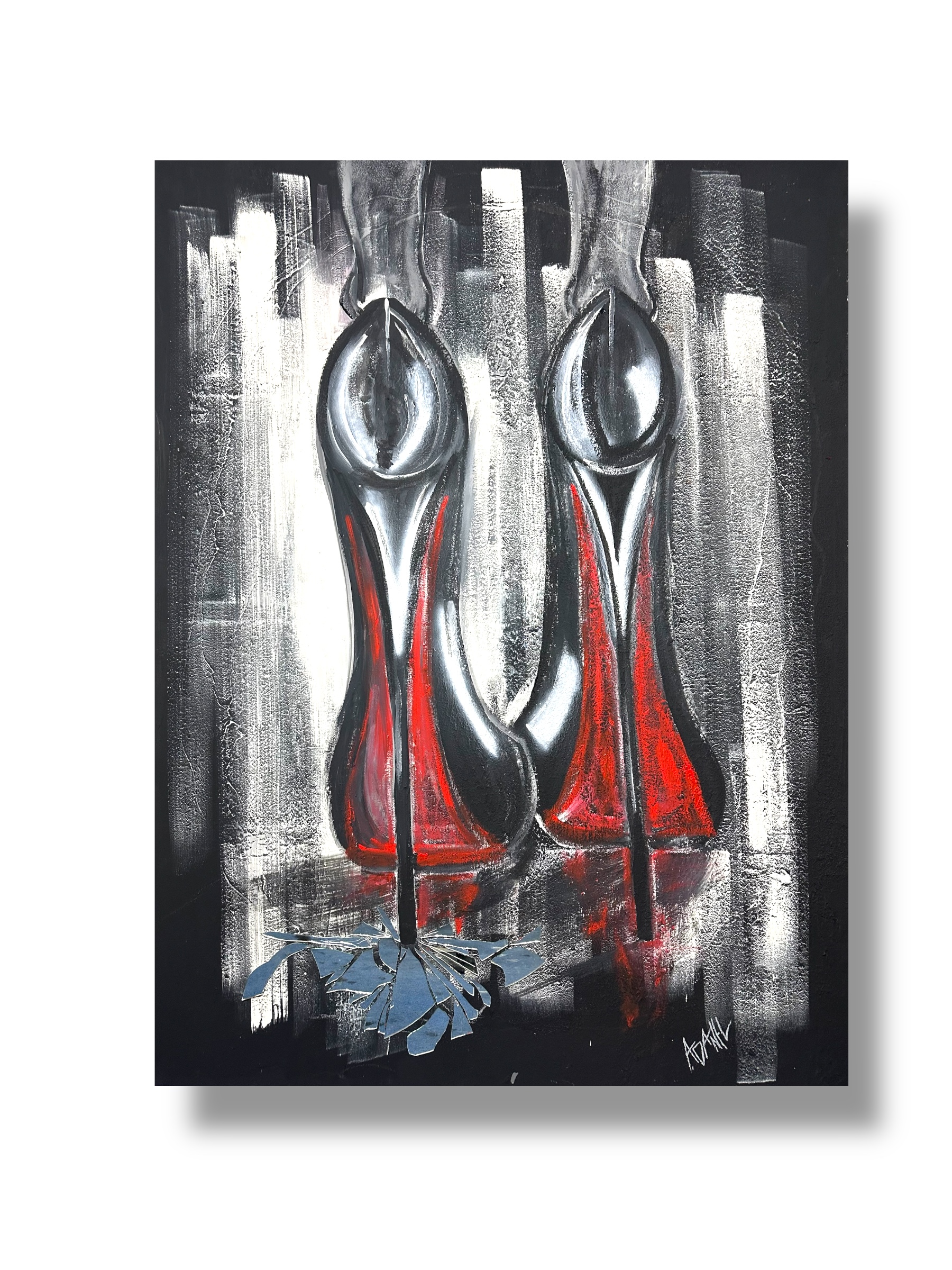 FIRME | Obra acrílica sobre lienzo que combina elementos figurativos y abstractos. El foco está en un par de tacos altos en perspectiva invertida, con una paleta dominada por negros, rojos intensos y blancos texturados. Ideal para espacios modernos que buscan una pieza con actitud, elegancia y presencia.